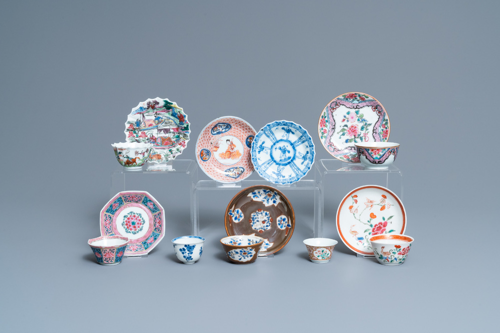 Zeven Chinese famille rose en andere koppen en schotels, Kangxi en later
