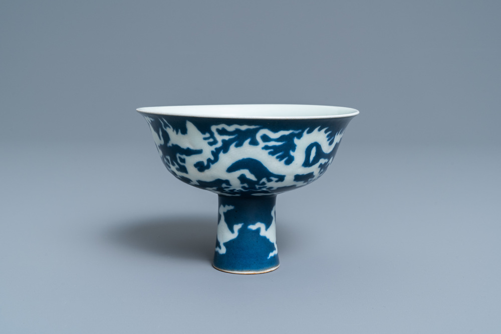 A Chinese blue-ground incised 'dragon' stem cup, Xuande mark, Republic