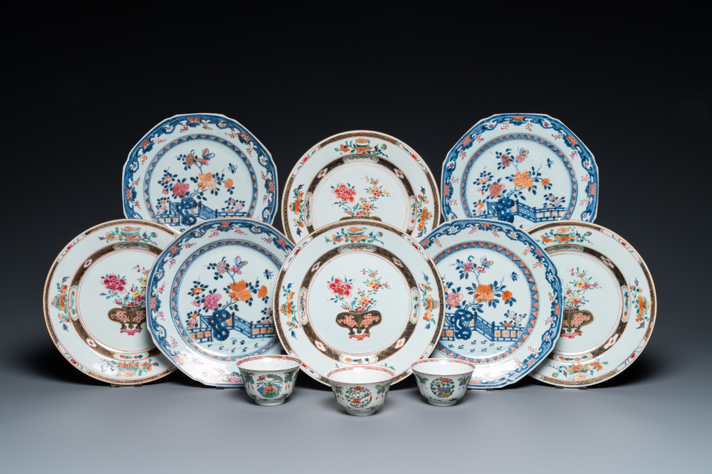Eight Chinese famille rose plates and three famille verte cups, Kangxi/Qianlong