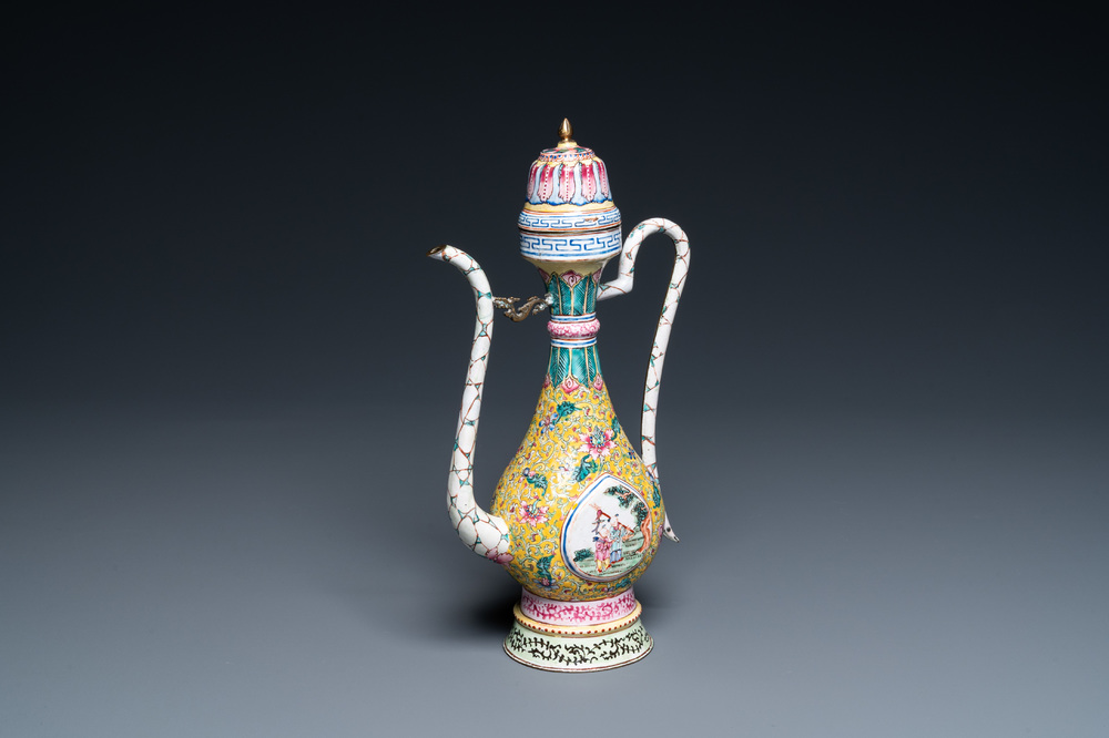 A Chinese Canton enamel ewer and cover, Qianlong