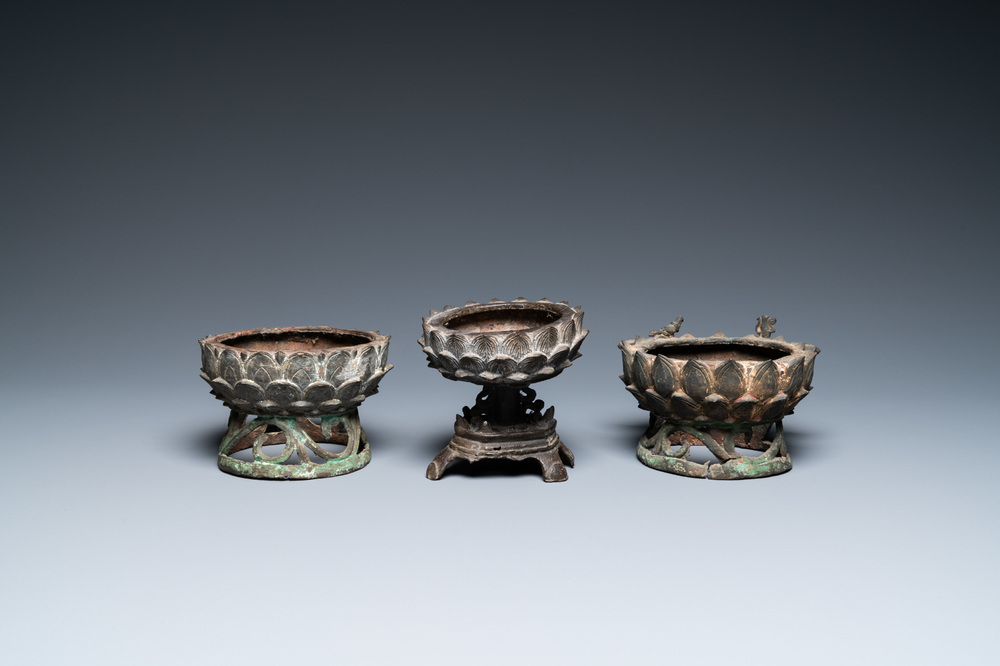 Three Chinese bronze lotus thrones, Ming