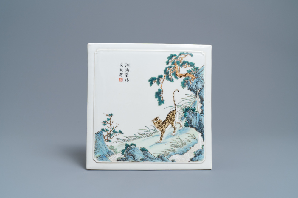A square Chinese famille verte 'tiger' plaque, 19/20th C.