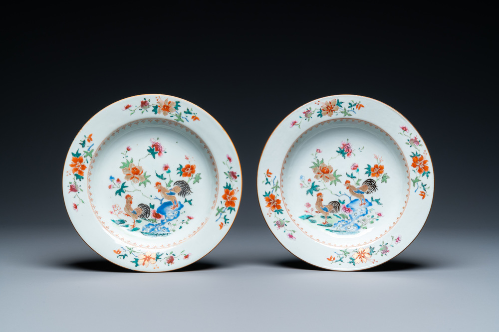 A pair of Chinese famille rose 'rooster' plates, Qianlong