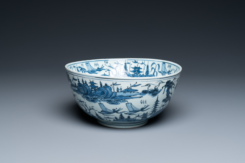A Chinese blue and white 'landscape' bowl, Wanli