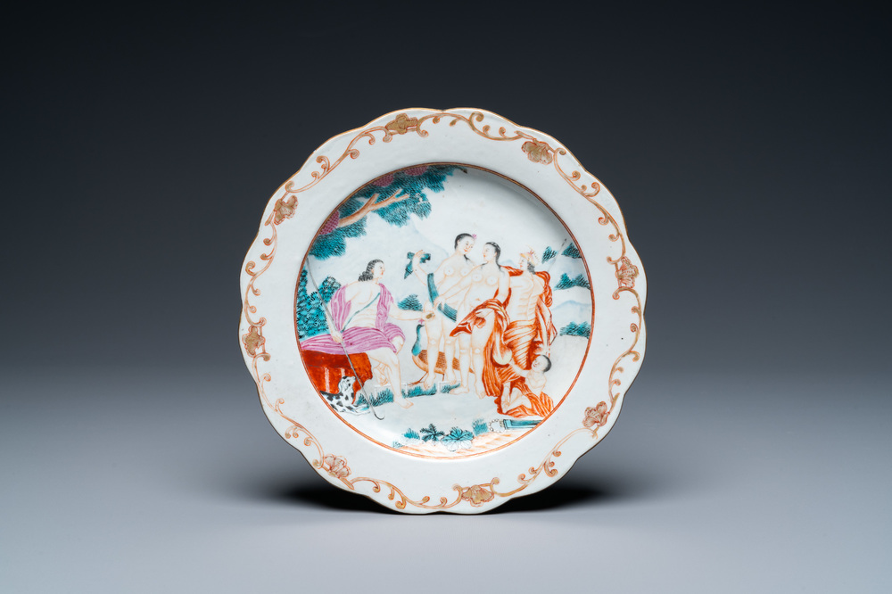 A Chinese famille rose export porcelain 'The judgement of Paris' plate, Qianlong