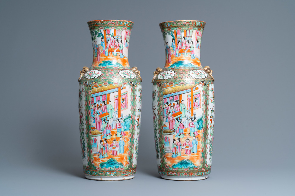 A pair of Chinese Canton famille rose vases, 19th C.