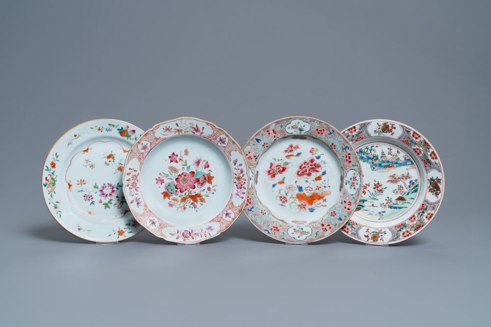 Four Chinese famille rose plates, Yongzheng/Qianlong