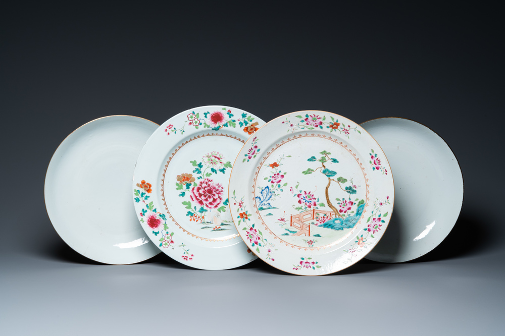 Two Chinese famille rose dishes and a pair of cold-painted monochrome white dishes, Qianlong