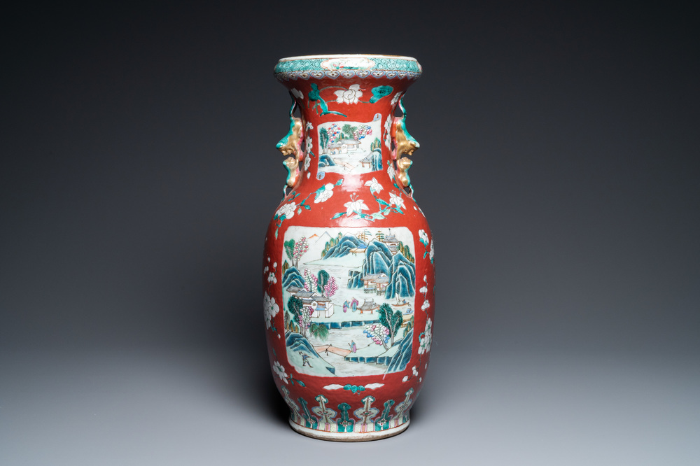 A Chinese famille rose ruby-ground vase, 19th C.