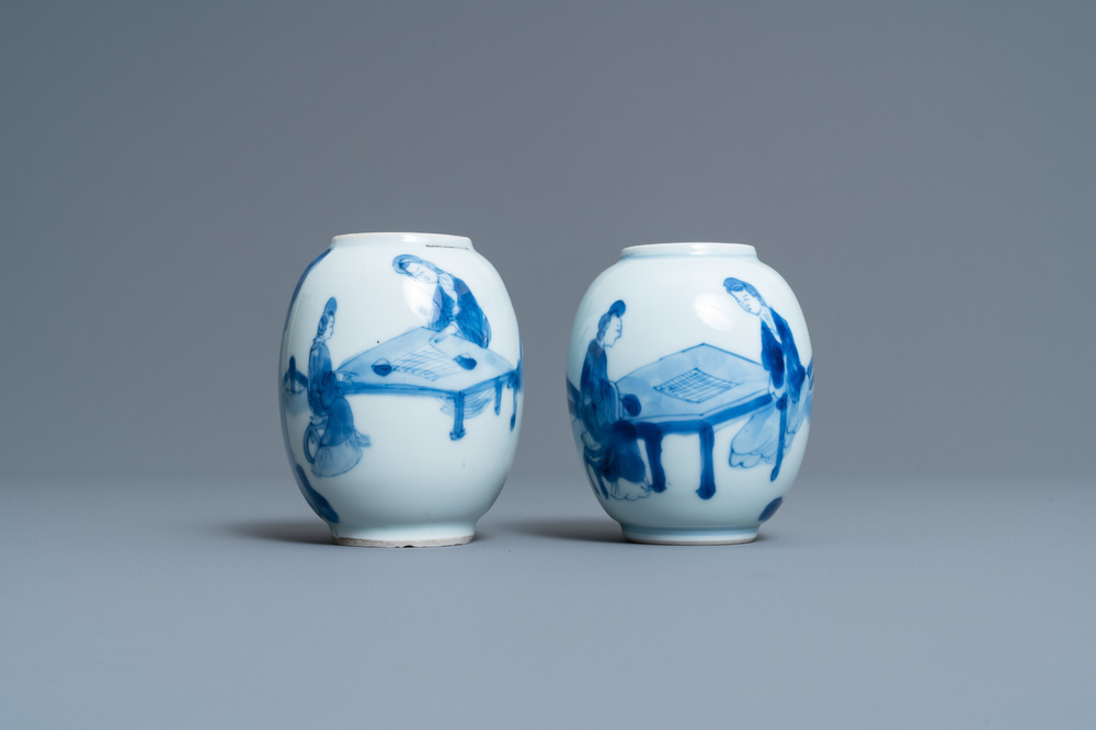 Two Chinese blue and white tea caddies, Kangxi