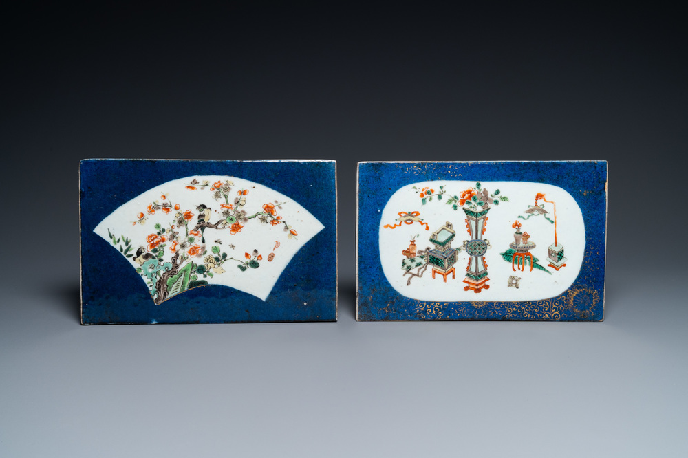Two Chinese famille verte powder blue-ground plaques, Kangxi