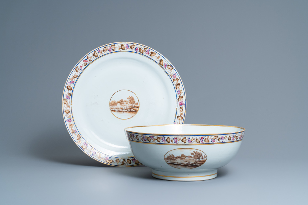 A large Chinese famille rose export porcelain punchbowl and dish, Qianlong