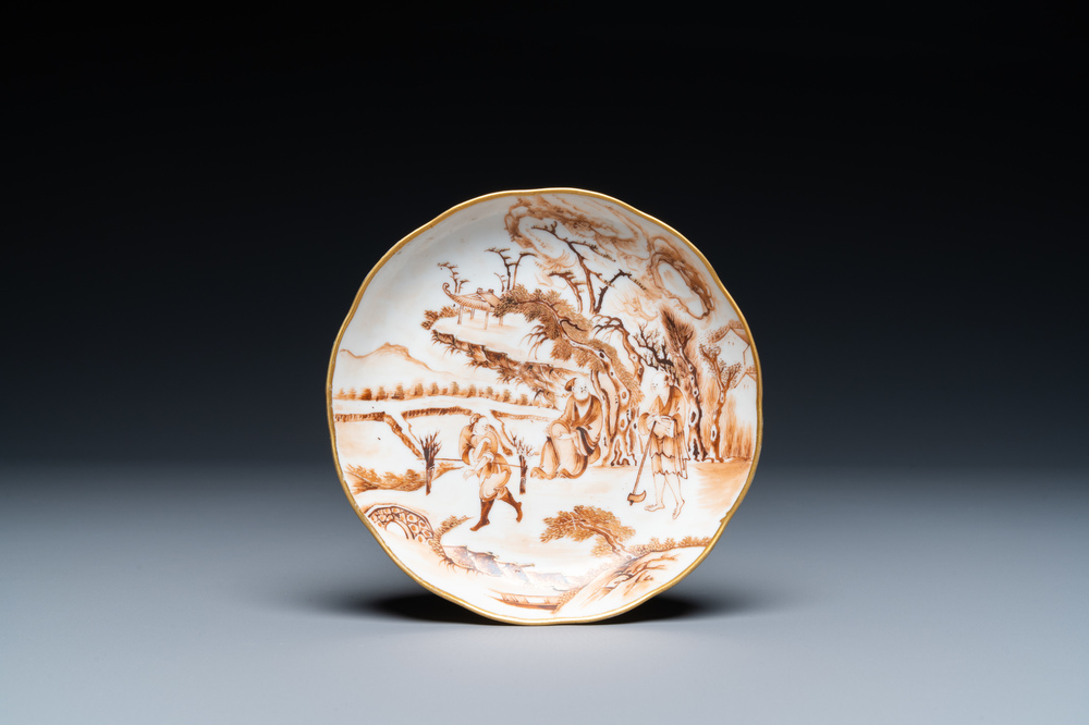 An unusual Chinese sepia-decorated plate, six-character mark, Qianlong/Jiaqing