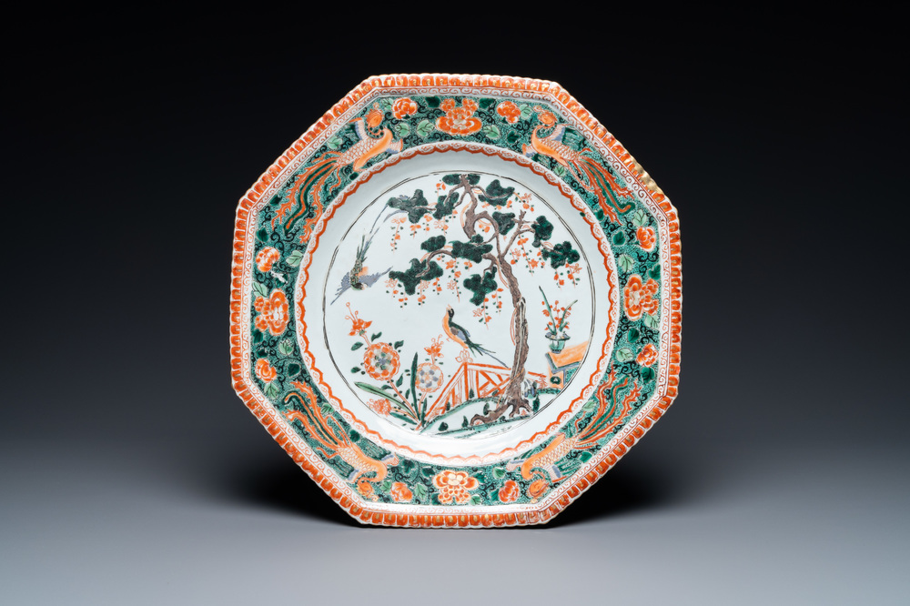 An octagonal Chinese famille verte dish, Kangxi