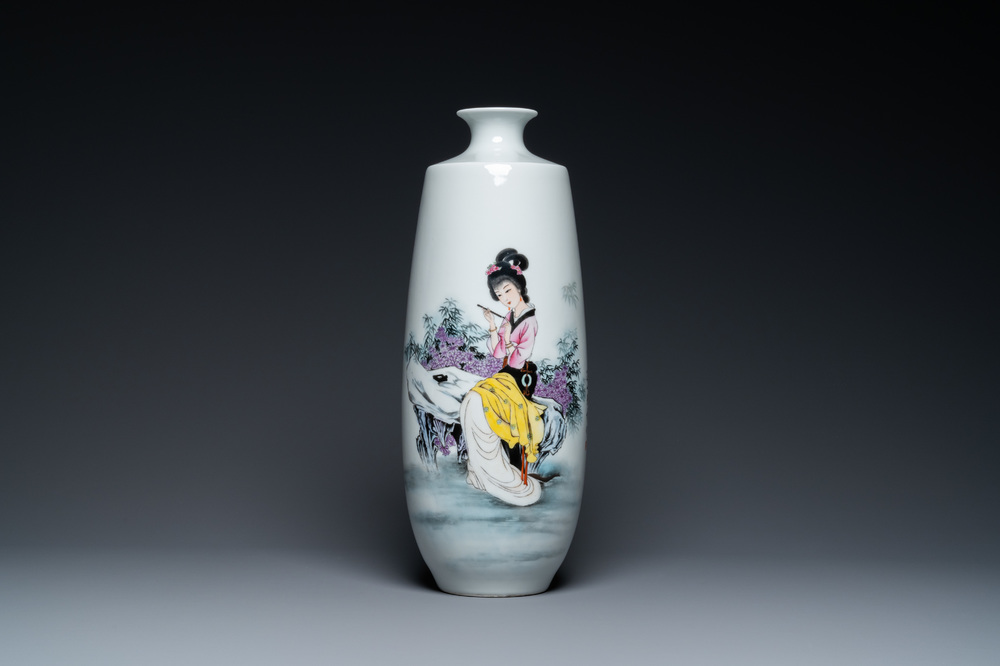 A Chinese famille rose vase with a lady on a rock, Jingdezhen zhi mark, 20th C.