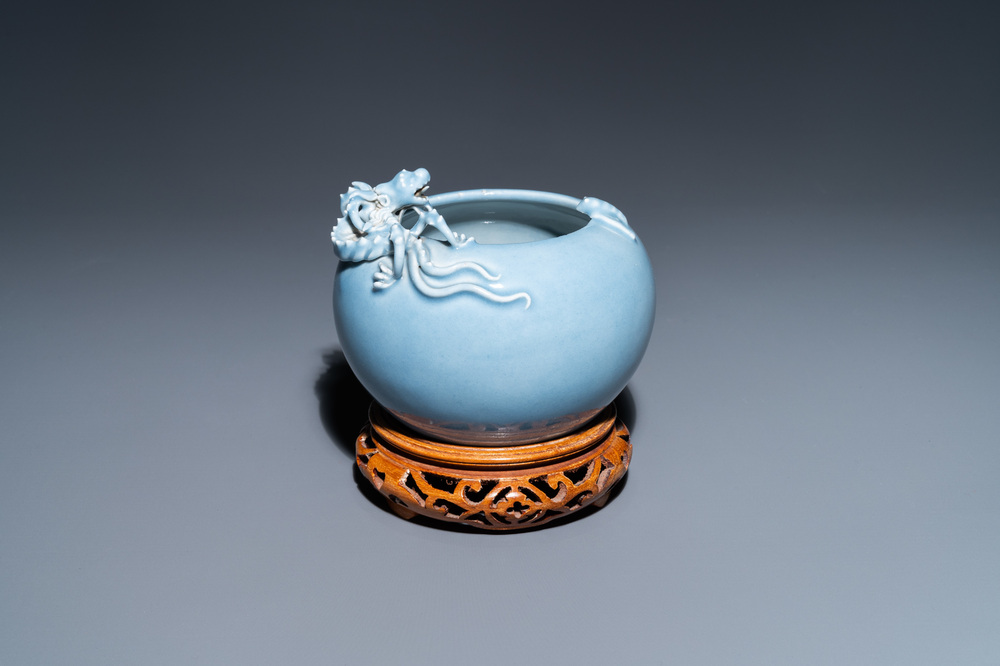 A Chinese monochrome lavender-blue brush washer with a dragon, Yongzheng mark, 19th C.