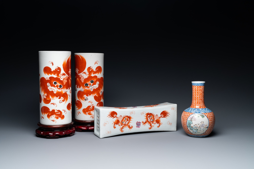A Chinese famille rose 'playing boys' vase, a pair of hat stands and a head rest with Buddhist lions, 19/20th C.