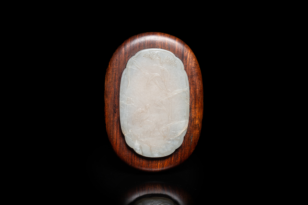 A Chinese wooden box and cover with a white jade 'quail' plaque, 18/19th C.