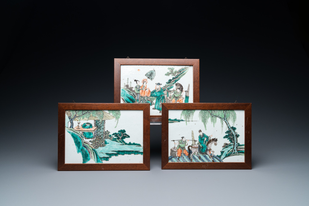 Three rectangular Chinese famille verte plaques, 19th C.