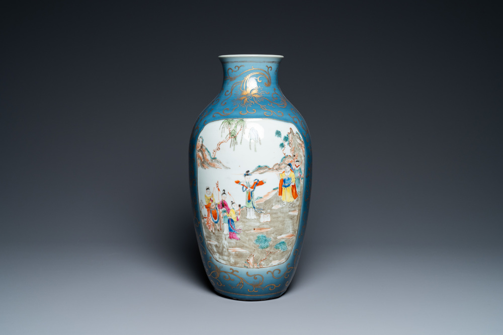 A Chinese famille rose gilt-decorated blue-ground vase, 18/19th C.