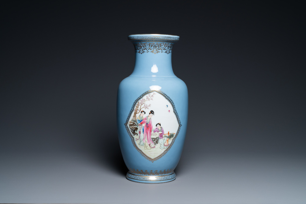A Chinese famille rose lavender-blue-ground vase, Qianlong mark, Republic