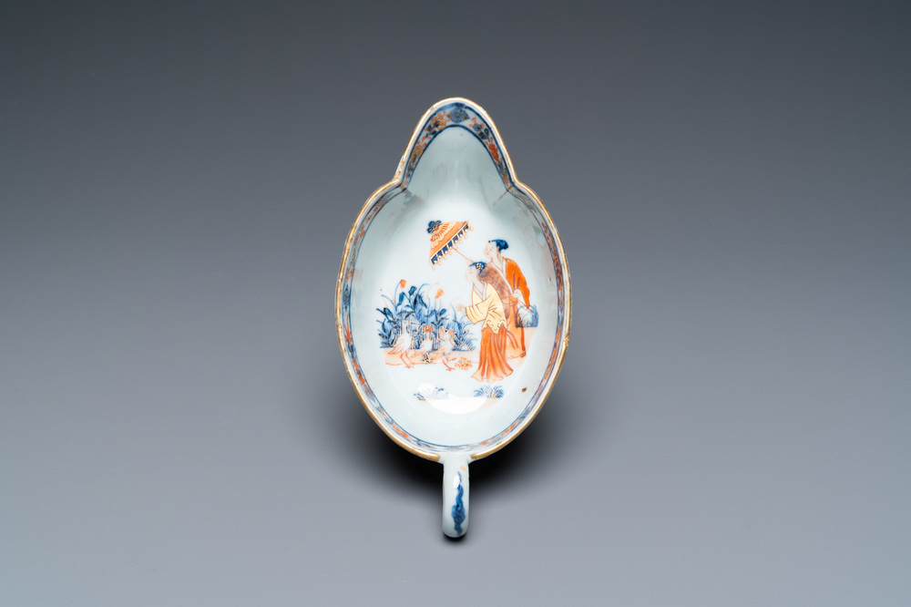A Chinese Imari-style 'Dames au Parasol' sauceboat after Cornelis Pronk, Qianlong