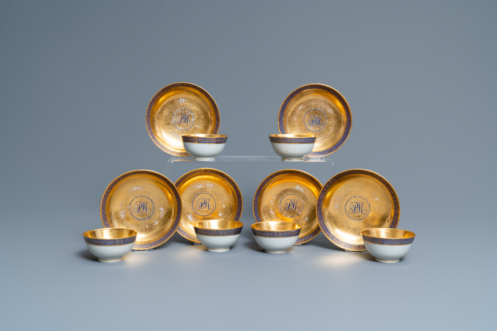 Six rare Chinese monogrammed gilt-ground cups and saucers, Yongzheng/Qianlong