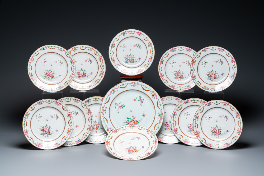 Twelve Chinese famille rose plates and a dish, Qianlong
