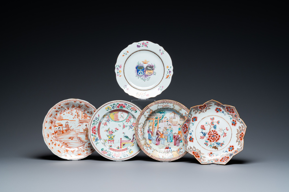 Five Chinese famille rose and iron-red and gilt dishes, Kangxi/Qianlong
