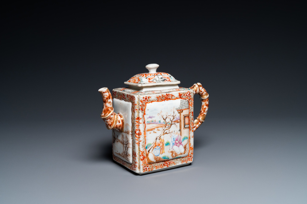 A large Chinese faux-bamboo 'mandarin' teapot and cover, Qianlong