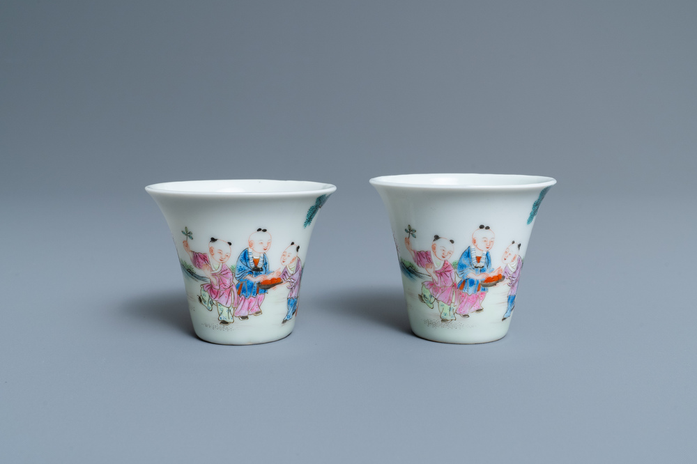 A pair of Chinese famille rose wine cups, Qianlong mark, Republic