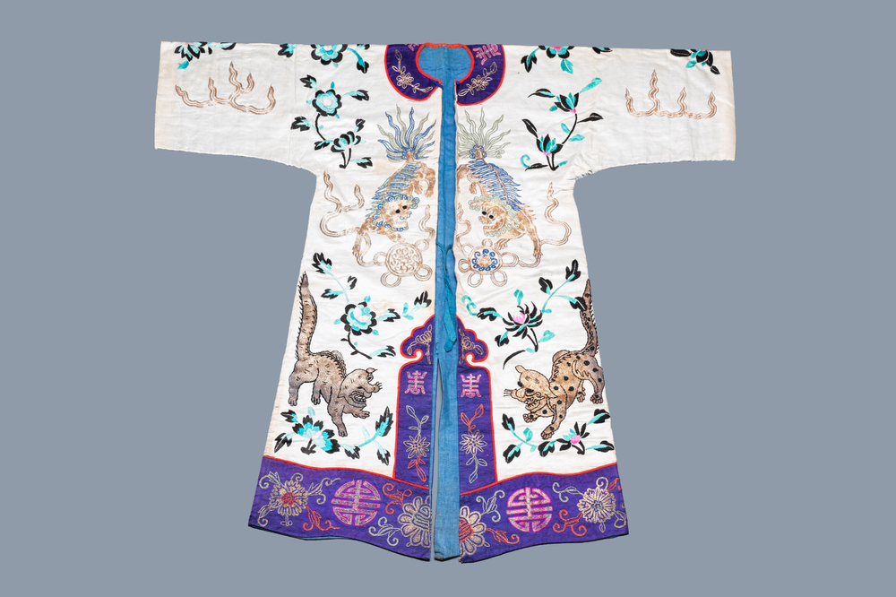 A Chinese gilt-metal embroidered silk 'animals' children's robe, 19/20th C.
