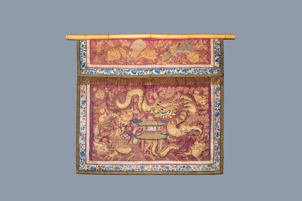 A Chinese gold thread-embroidered silk 'dragons and phoenixes' panel, 19th C.