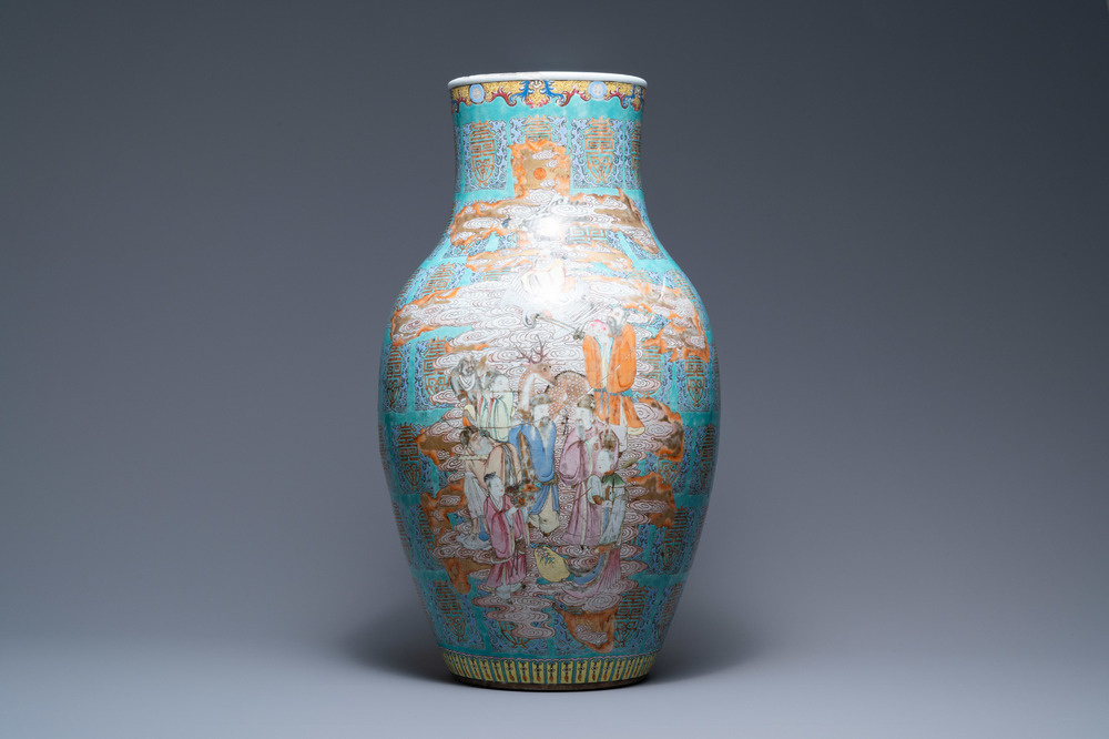A fine Chinese turquoise-ground famille rose 'Shou' vase with immortals, Qianlong