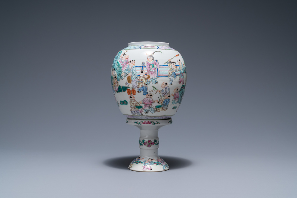 A Chinese famille rose 'playing boys' lantern on stand, Republic