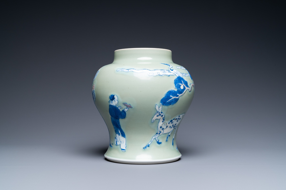 A Chinese blue, white and copper-red celadon-ground vase, Kangxi