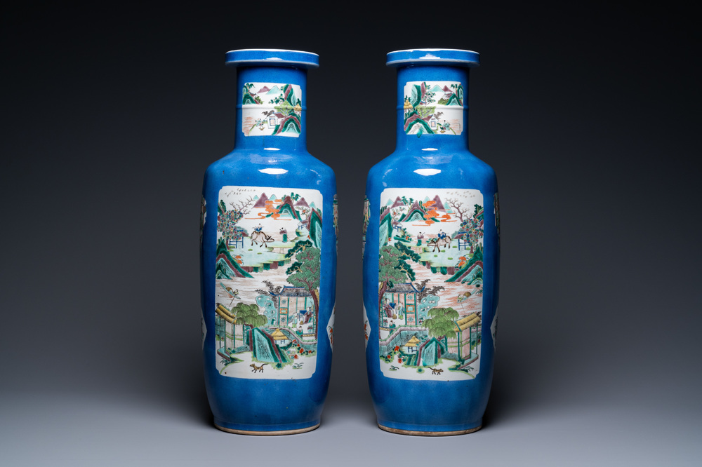 A pair of Chinese famille verte powder-blue ground vases, Kangxi mark, 19th C.