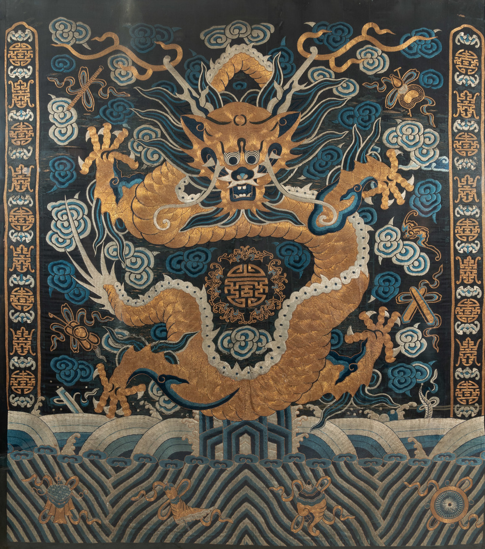 A large Chinese imperial gold thread-embroidered silk 'dragon' panel, Qing