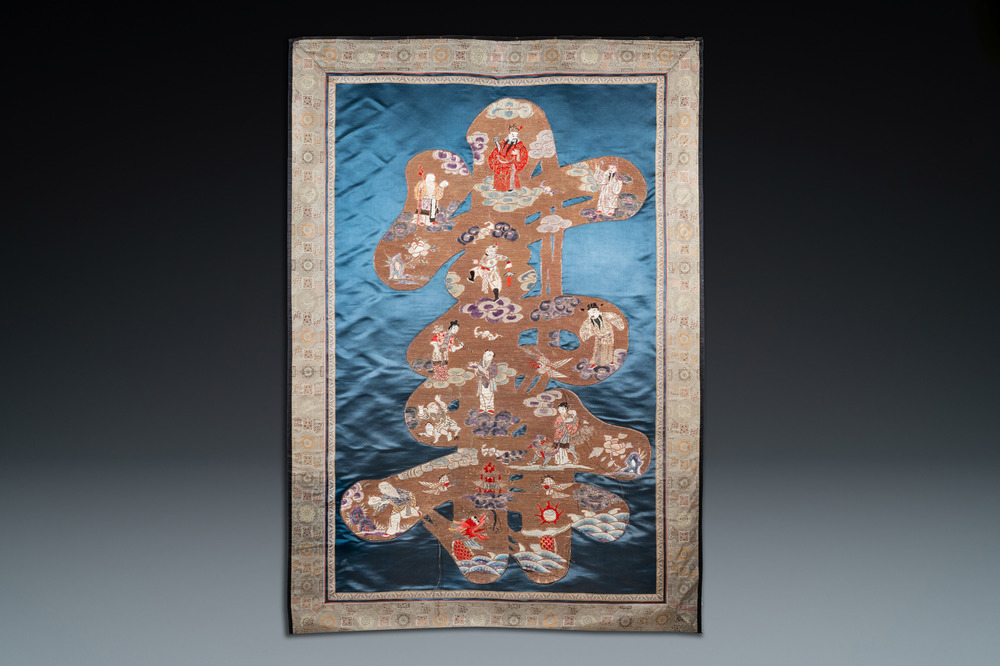 A Chinese embroidered silk 'Shou' panel with immortals, 19th C.