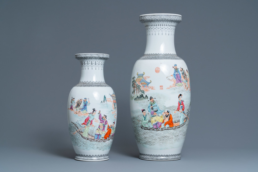 Two Chinese famille rose 'immortals' vases, Qianlong mark, 20th C.