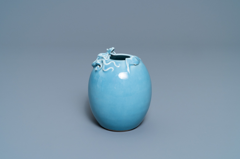 A Chinese monochrome lavender-blue brush washer with a dragon, Yongzheng mark, Republic
