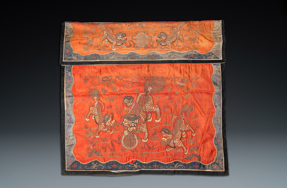 A Chinese gold thread-embroidered silk 'Buddhist lions' panel, 19th C.
