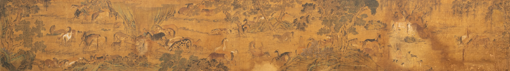 Ecole chinoise, encre et couleurs sur papier: 'Chevaux et leurs gardiens dans un paysage', Ming/Qing