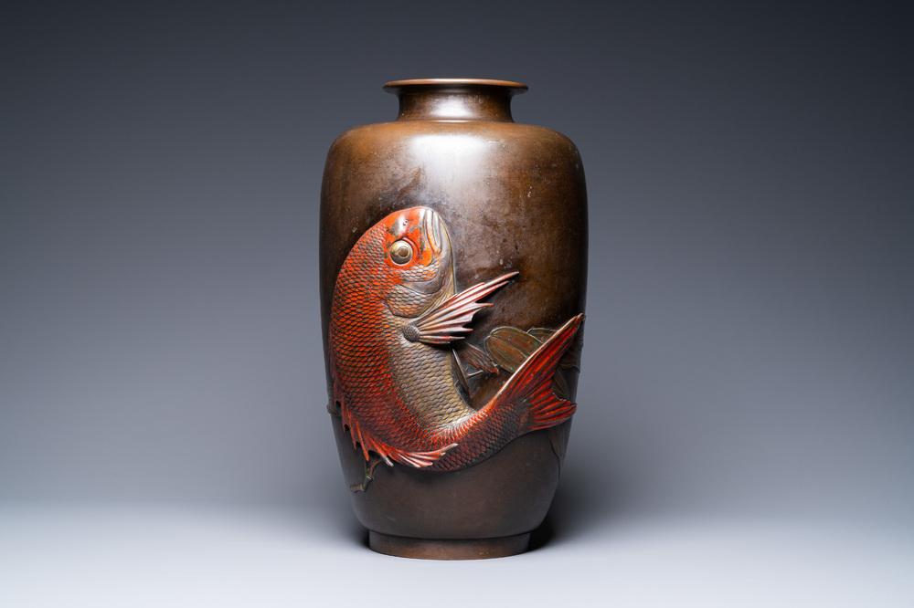 A large Japanese bronze 'koi' vase, Meiji, 19th C.