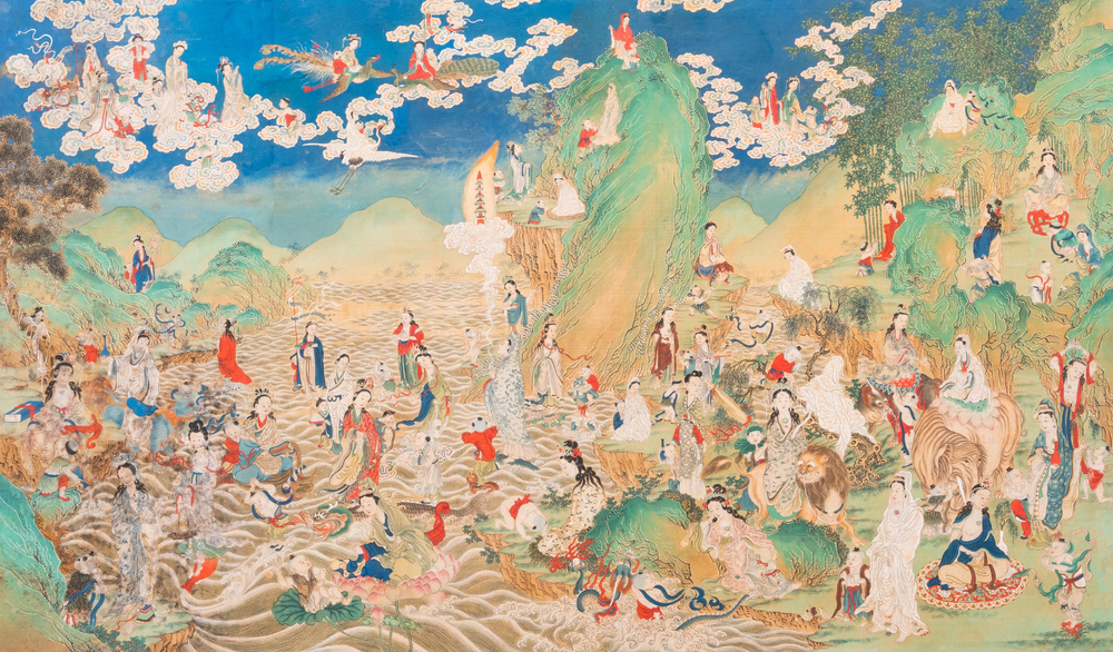Chinese school, ink and color on canvas: 'Mountainous landscape with goddesses, mythical animals and boys', 19/20th C.