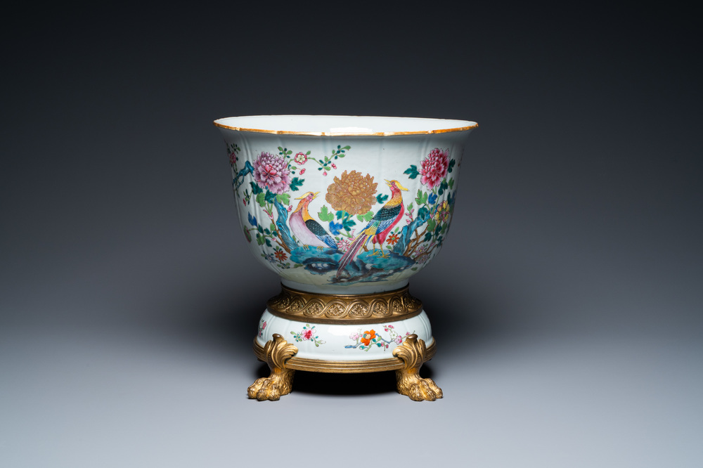 A Chinese famille rose jardini&egrave;re on ormolu bronze and porcelain stand, Qianlong