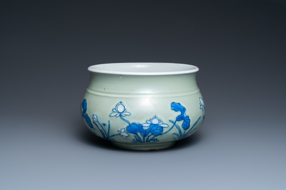 A Chinese blue and white celadon-ground censer, Kangxi