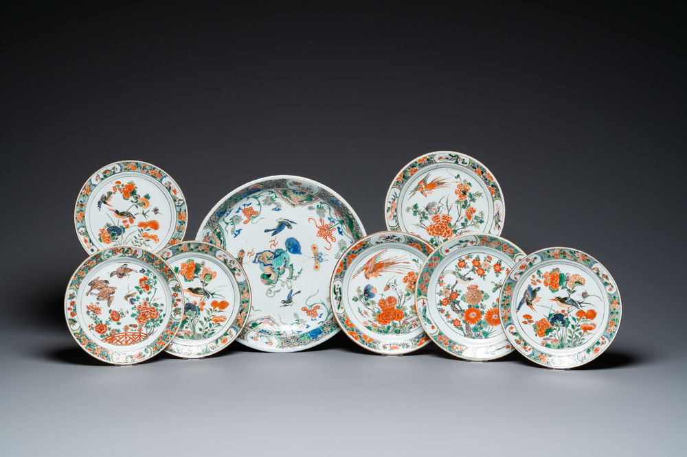 A Chinese famille verte dish and six plates, Kangxi
