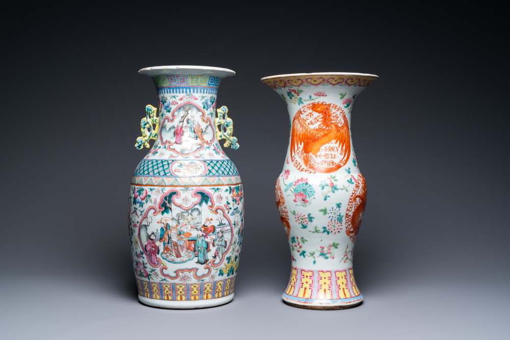 Twee Chinese famille rose vazen, 19e eeuw