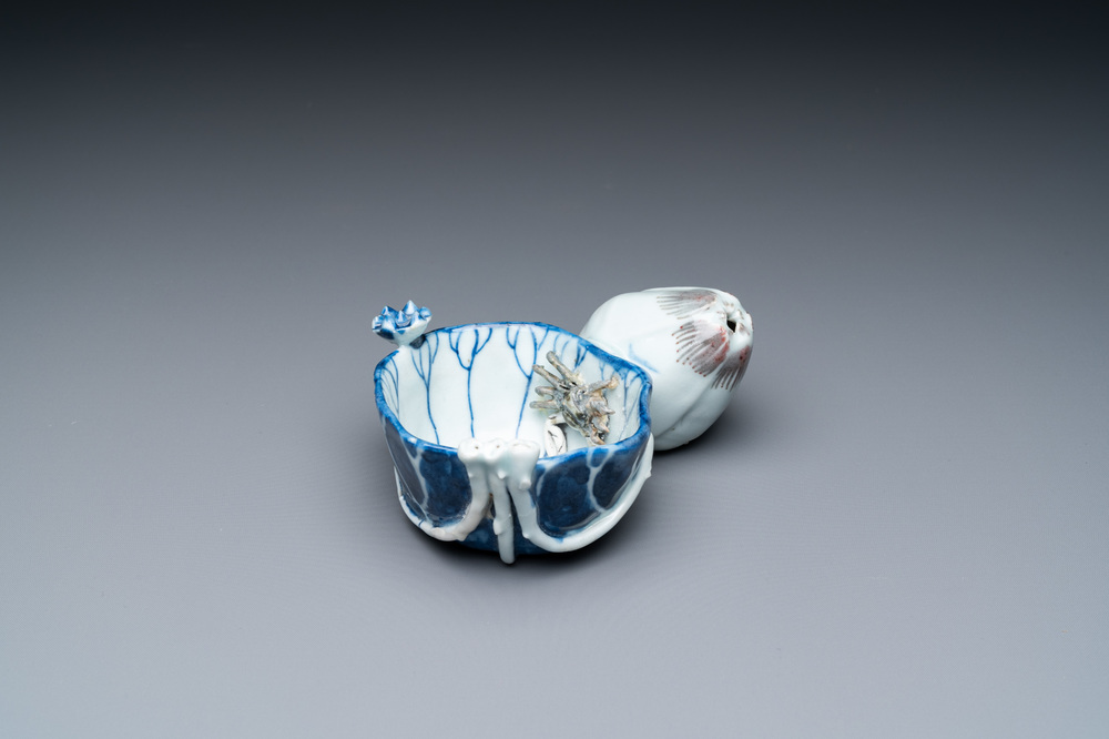 A Chinese blue, white and copper-red 'crab in lotus' water dropper, Kangxi